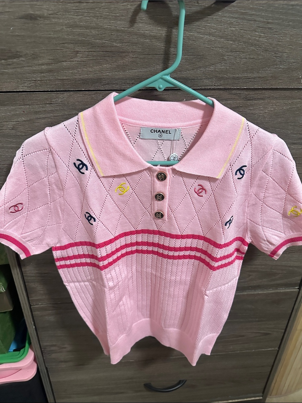Pink Polo Top with Multicolor size S